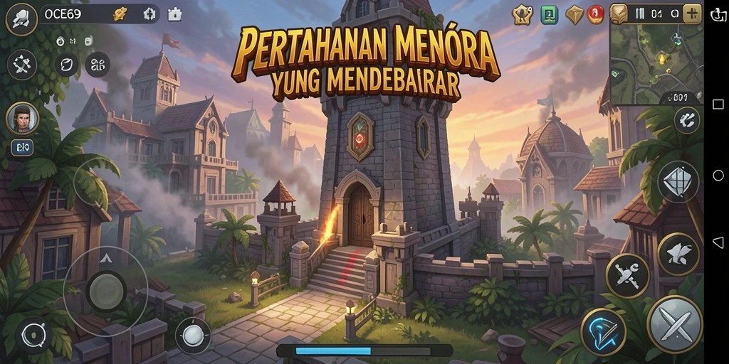 Tampilan gameplay menara dalam OCE69 yang mendebarkan dan strategis.